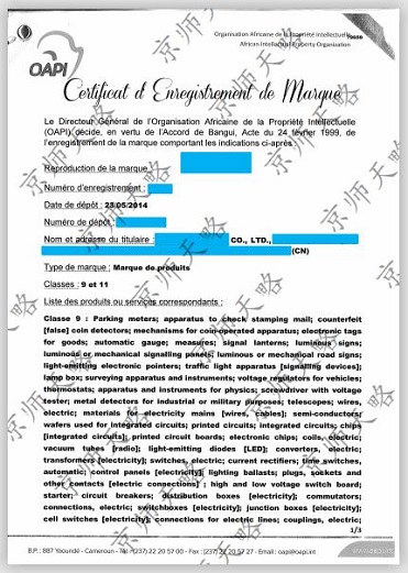 非洲知识产权组织注册证
